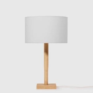 Lampe à poser en coton et bois écoresponsable – design minimaliste et fabrication artisanale.