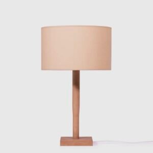 Lampe à poser en coton et bois écoresponsable – design minimaliste et fabrication artisanale.