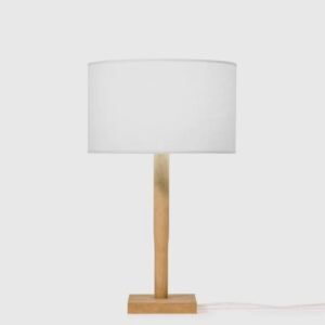 Lampe à poser en coton et bois écoresponsable – design minimaliste et fabrication artisanale.