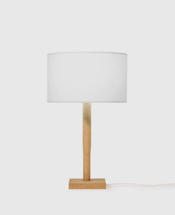 Lampe à poser en coton et bois écoresponsable – design minimaliste et fabrication artisanale.