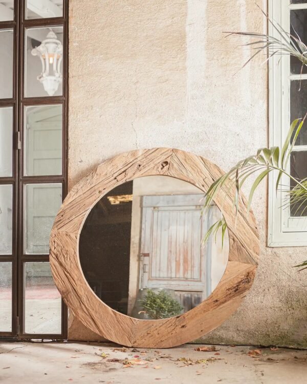 Miroir rond EROSI 130 cm en teck recyclé, design artisanal et écoresponsable